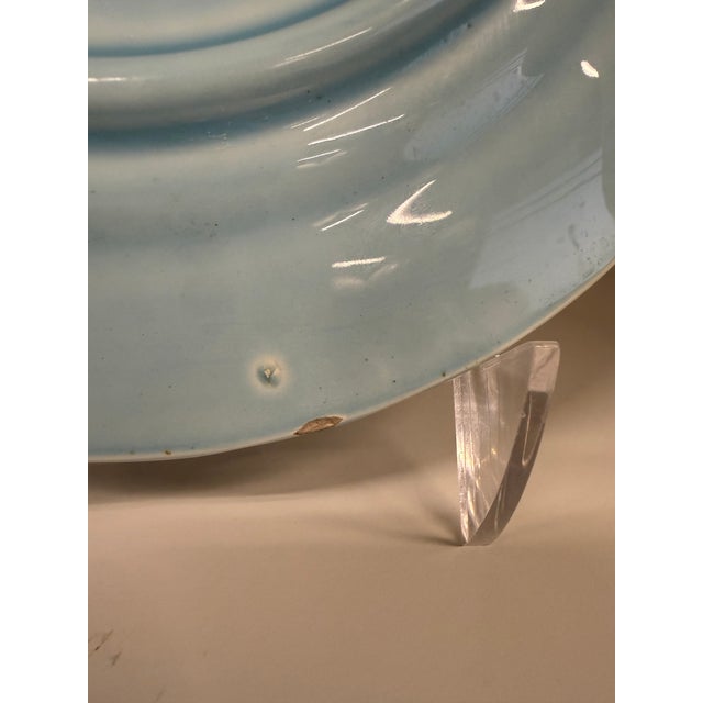 Mid 20th Century Mid 20th Century Majolica Plate | Bluebirds & Blackberries | Powder Blue Ceramic Wall Plate For Sale - Image 5 of 6