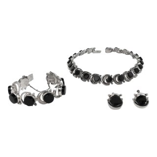 1950s Antonio Pineda Modernist Mexico Sterling Onyx Parure Jewelry Set - 4 Pieces For Sale