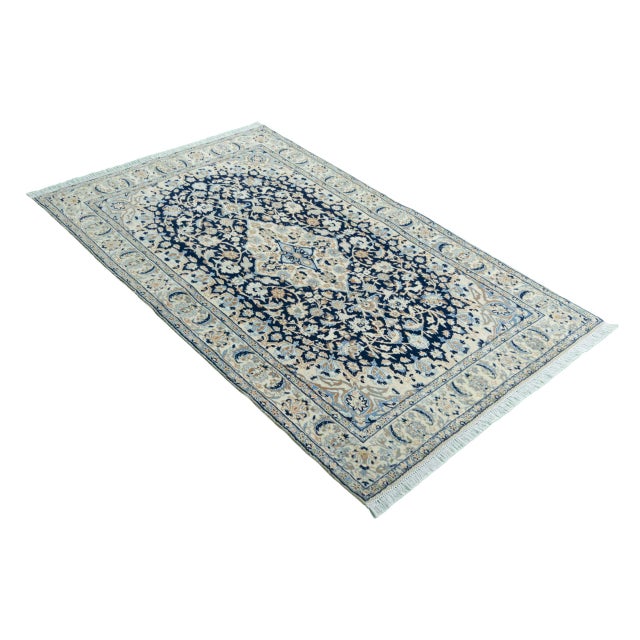 Mid-Century Modern Hand-Knotted Nain 9la Oriental Rug 195 X 120 Cm Fine Wool & Silk, Medallion, Blue-Beige For Sale - Image 3 of 13