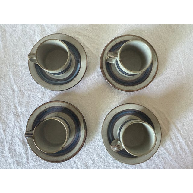 Set of four beautiful brutalist "Horizon" teacups and saucers from the 1970's. Three of the teacups still have the "made...