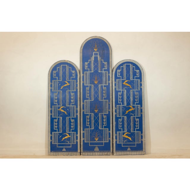 Mid 20th Century Art Deco Revival Folding Screen with Gilded Gazelles on Cobalt Blue Panels For Sale - Image 5 of 12
