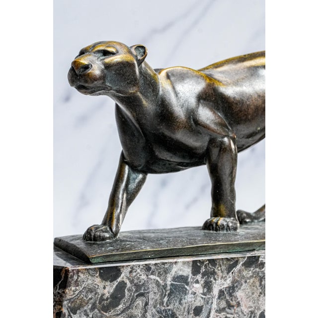 Art Deco Commanding Art Deco Style Antique Bronze Panther Statue Sculpture Marble Base Luxury Home Decor For Sale - Image 3 of 18