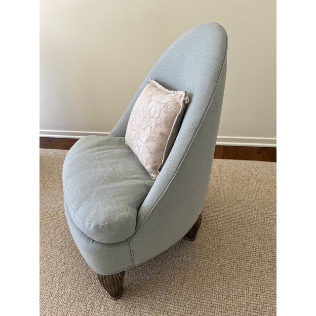 Rose Tarlow "London Oval Slipper Chair" from the late 20th century. Recently re-upholstered in a light blue linen....