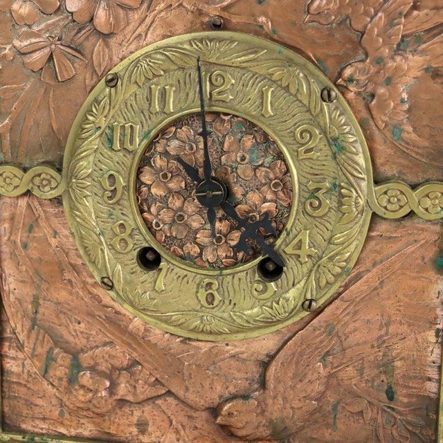 Antique Aesthetic Movement Bronze & Copper Figural & Floral Mantle Clock Signed C1880 Measures - 12" x 9 3/8" x 5 7/8"...