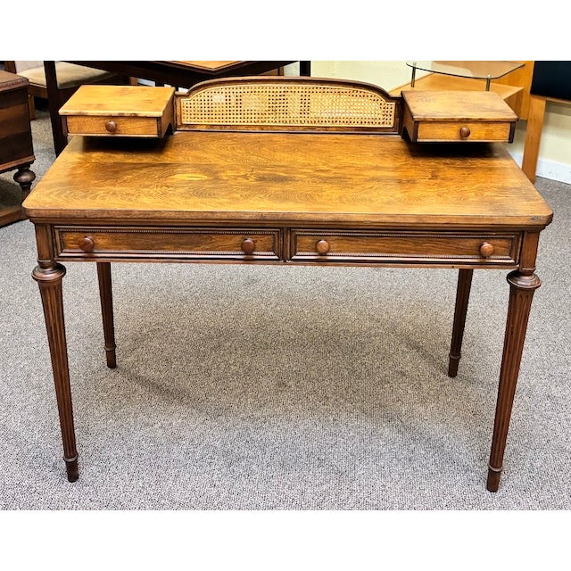 Walnut Writing Desk With Drawers and Wicker Accents With Complimentary Matching Wooden Wicker Chair For Sale - Image 13 of 13