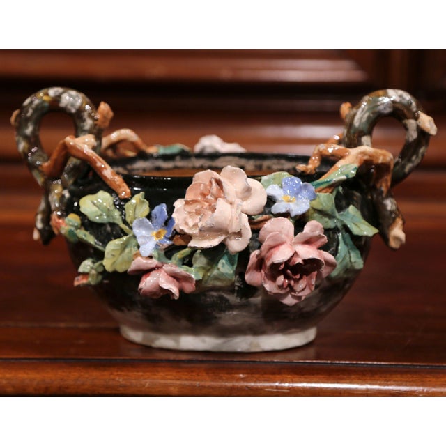 19th Century French Painted Ceramic Barbotine Jardinière With Floral Decor For Sale - Image 4 of 10