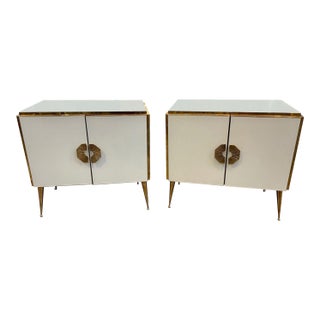 Modern White Murano Glass and Brass Side Cabinets, A Pair For Sale