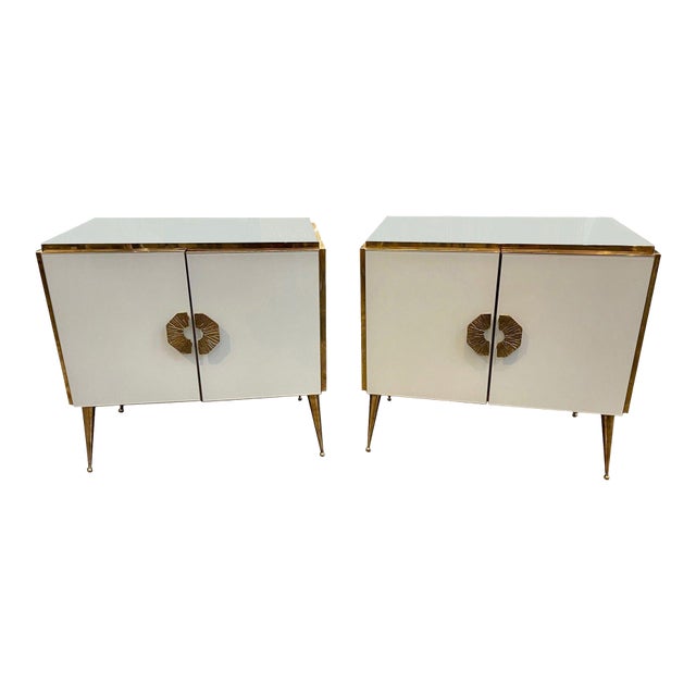 Modern White Murano Glass and Brass Side Cabinets, A Pair For Sale