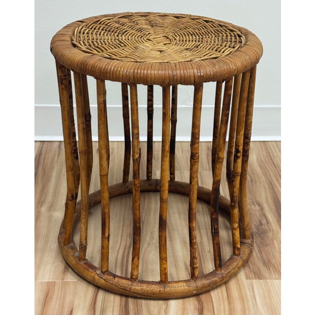Mid 20th Century Vintage Scorched Bamboo Stool With Woven Wicker Top For Sale - Image 5 of 7