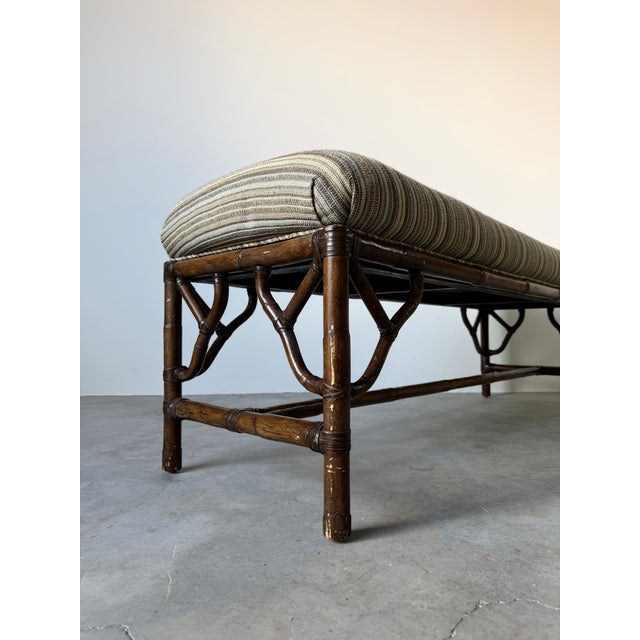 Vintage McGuire Style Bamboo & Leather Binding Upholstered Bench For Sale - Image 10 of 18