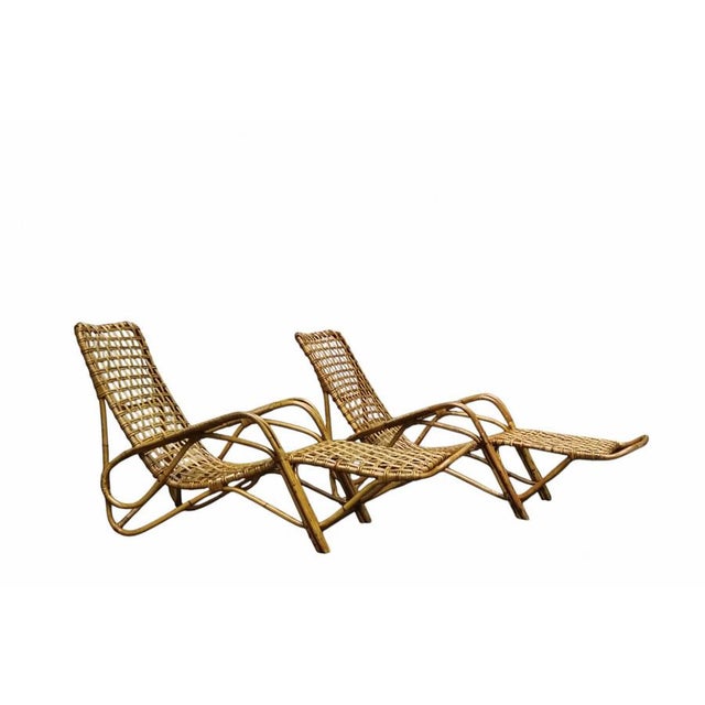 Wood Woven Rattan and Bamboo Chaise Longues attributed to Tito Agnoli, Italy, 1960s, Set of 2 For Sale - Image 7 of 9