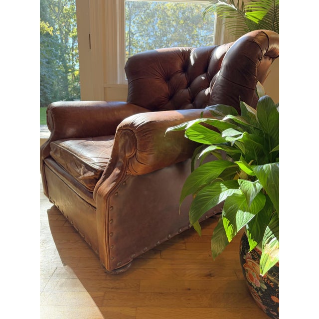 Traditional Restoration Hardware Churchill Leather Lounge Chair For Sale - Image 3 of 18
