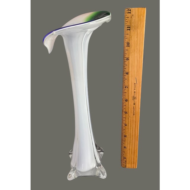 Vintage Hand Blown Art Glass Blue Green & White Jack-in-the-Pulpit Bud Vase 11'' For Sale - Image 6 of 8
