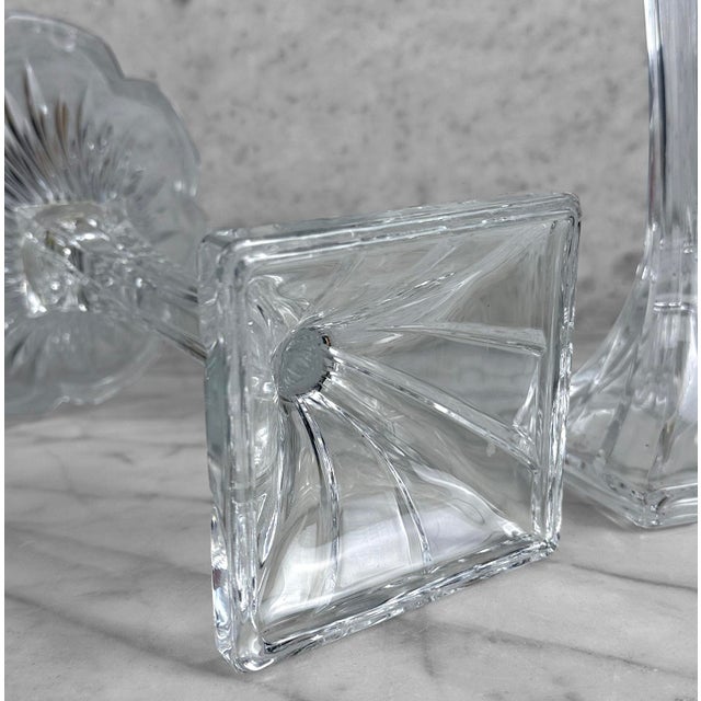 Glass Vintage 13" Victorian Crystal Glass Lotus Flower Compote Pedestal Bowls - A Pair For Sale - Image 7 of 7