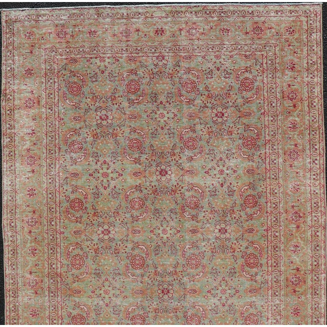 Antique Persian Tabriz Rug With All-Over Design in Light Green, Pink, and Red For Sale In Atlanta - Image 6 of 11