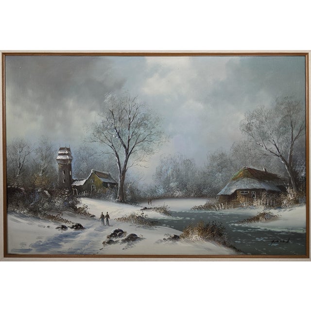 Mid 20th Century Large Signed H. Wood Original Oil Painting of European Winter Village Landscape – Framed For Sale - Image 10 of 16