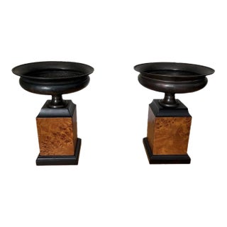 Rare Vintage 1970s Bronzed Color Metal Urns Burl Column Plinth Neoclassical Style, a Pair For Sale