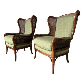 Vintage Coastal Hollywood Regency Style Ethan Allen Faux Bamboo & Cane Wingback Bergère Chairs – A Pair For Sale