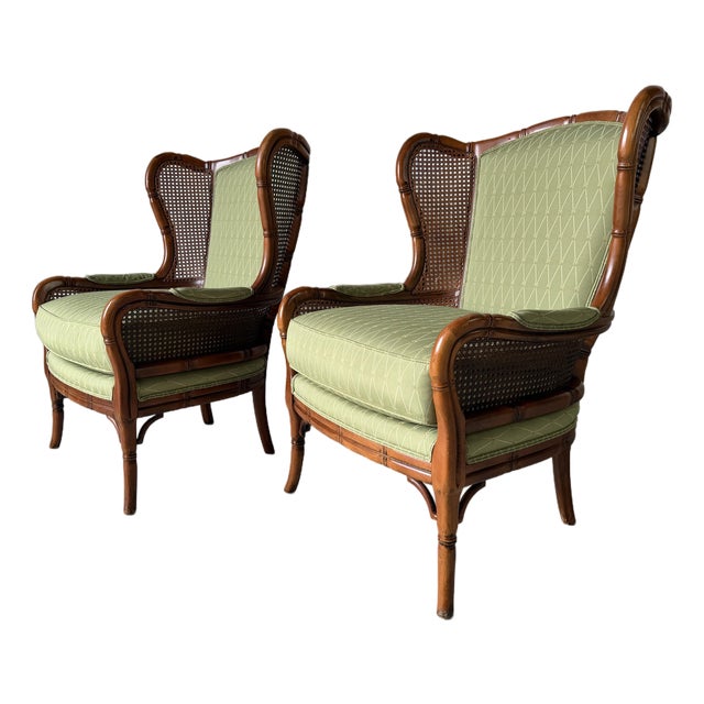 Vintage Coastal Hollywood Regency Style Ethan Allen Faux Bamboo & Cane Wingback Bergère Chairs – A Pair For Sale