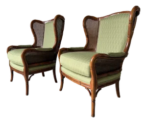 Vintage Coastal Hollywood Regency Style Ethan Allen Faux Bamboo & Cane Wingback Bergère Chairs – A Pair