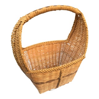 Vintage Large Flat Weaved Wood Basket For Sale