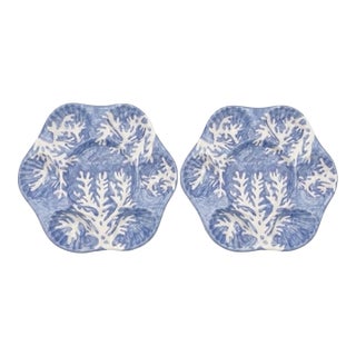Pair of Italian Les Ottomans Hand-Painted Blue Coral Oyster Plates For Sale