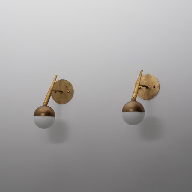 Gold Vintage Italian Brass and Opaline Glass Globe Wall Sconces, 1950s, Set of 2 For Sale - Image 8 of 11