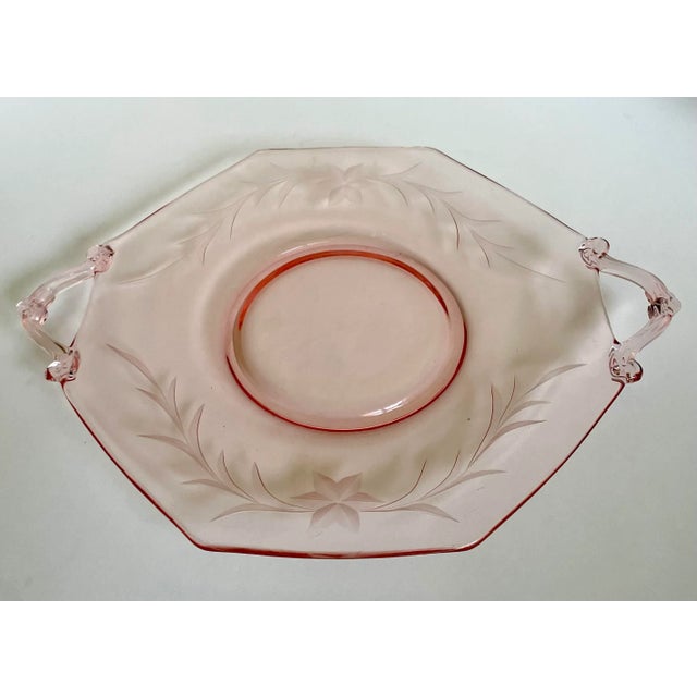Art Deco 1930's Depression Era Pink Etched Glass Serving Plate For Sale - Image 3 of 8
