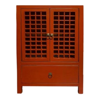 1990s Asian Red Lattice Door End Table For Sale