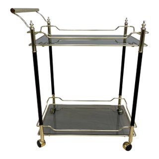 Vintage Italian Steel and Brass Drink Trolley Teacart With Black Fluted Legs and Smoked Glass For Sale