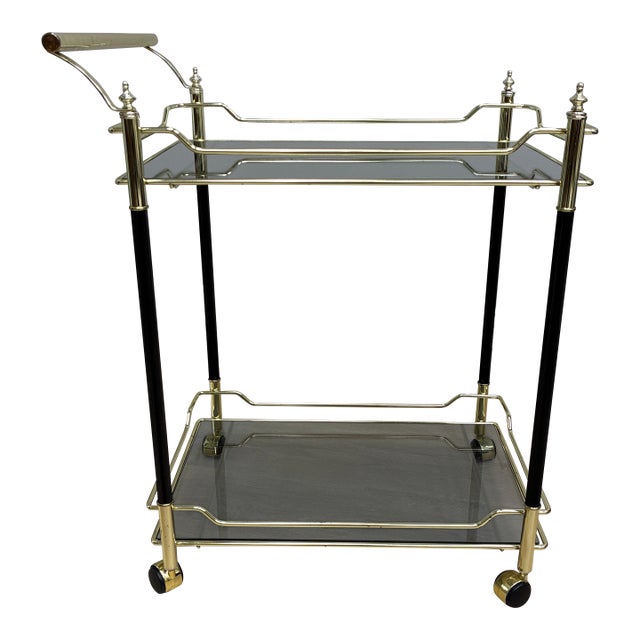 Vintage Italian Steel and Brass Drink Trolley Teacart With Black Fluted Legs and Smoked Glass For Sale