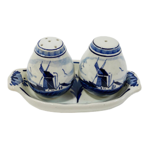 Vintage Traditional Hand-Painted Delft Ceramic Salt and Pepper Shakers in Tray - 3pcs