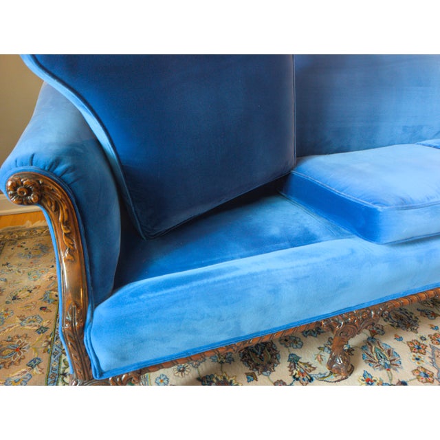 Restored Vintage Chippendale Style Camelback Sofa in Blue Velvet For Sale - Image 14 of 18