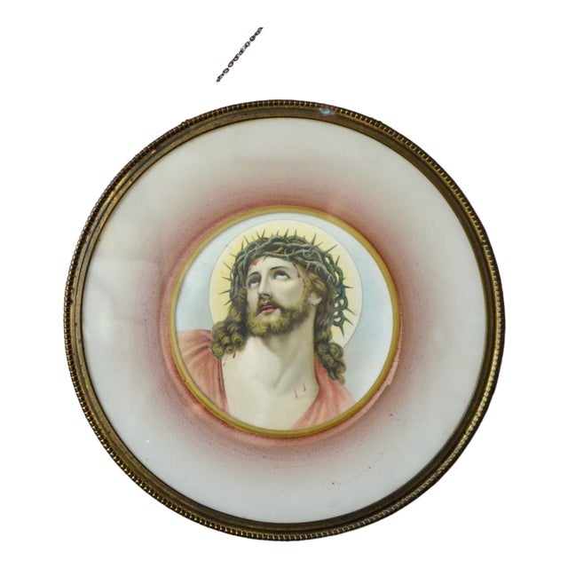 Art Deco Religious Painting of Christ Under Glass, 1940s For Sale