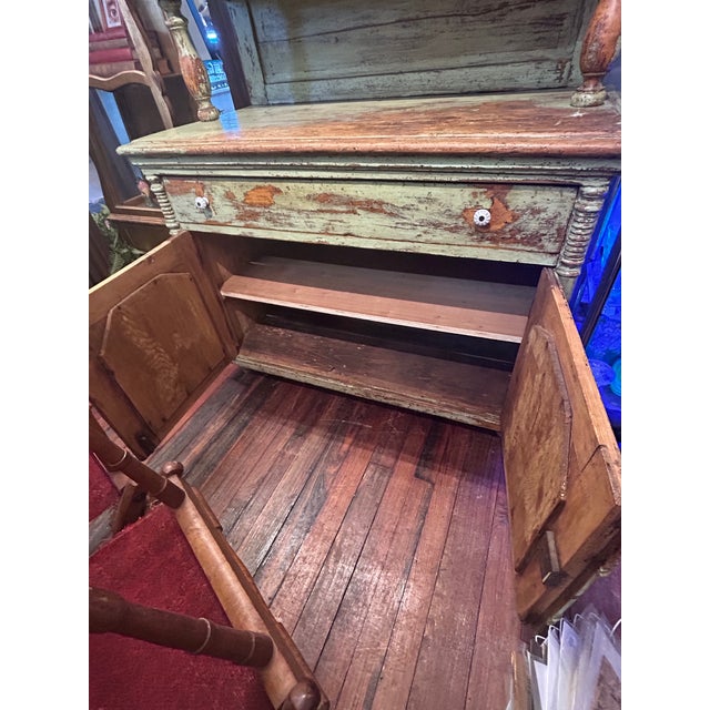 French Country Antique Country Celadon Green Painted Distressed Stepback Cupboard Cabinet For Sale - Image 3 of 18