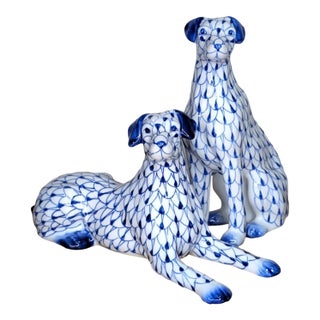 Vintage MCM Andrea by Sadek Fishnet Handpainted Dogs Blue/White Dalmatian Figures-Set of 2 For Sale