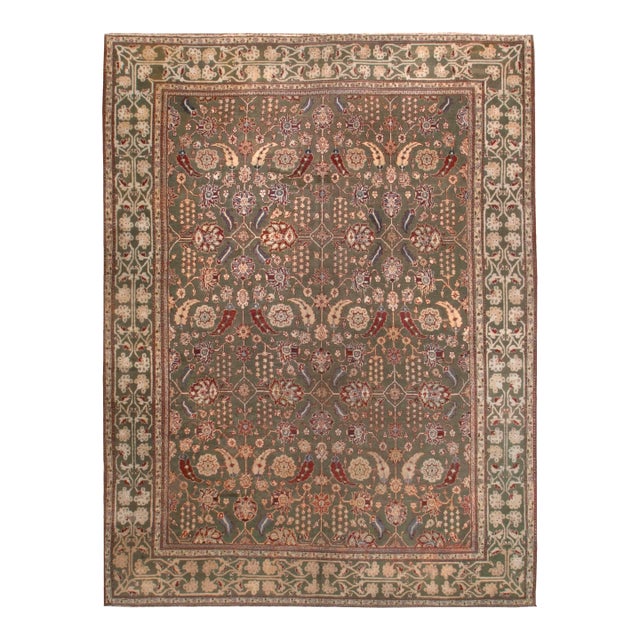 Antique Green Indian Agra Rug 8'10 X 11'6 For Sale