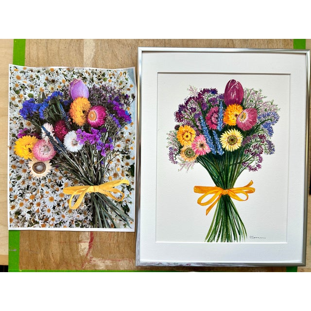 2020s Watercolor Painting Original “Strawflower Bouquet” Framed For Sale - Image 5 of 10