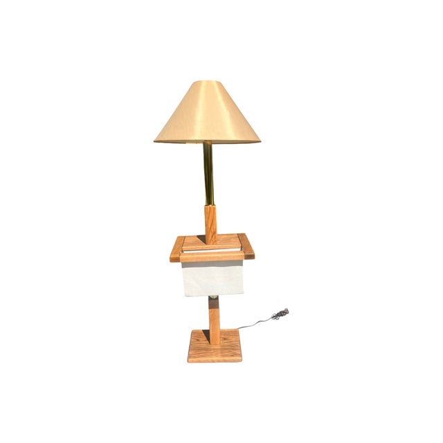 Vintage Mid Century Postmodern 1970s Solid Oak Brass Magazine Table Floor Lamp 1980s Restored For Sale In Palm Springs - Image 6 of 12