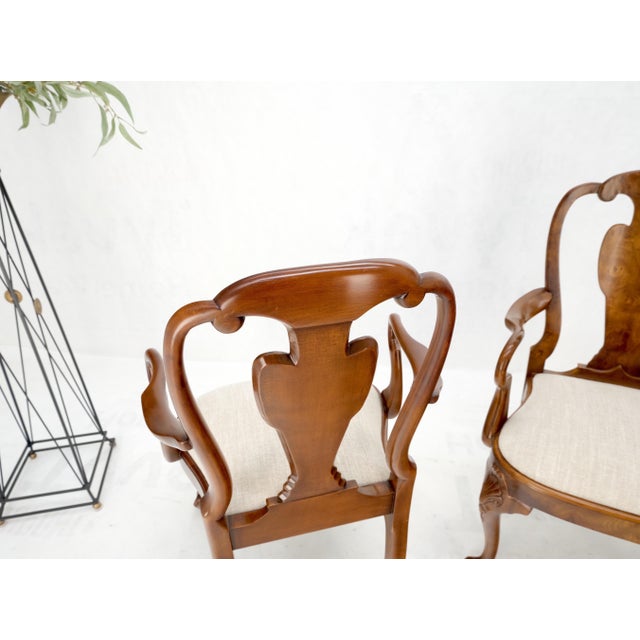 Pair of Carved Burl Wood New Oatmeal Linen Upholstery Armchairs Mint! For Sale - Image 11 of 16