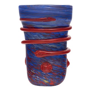 Murano Glass Blue and Red Vase For Sale