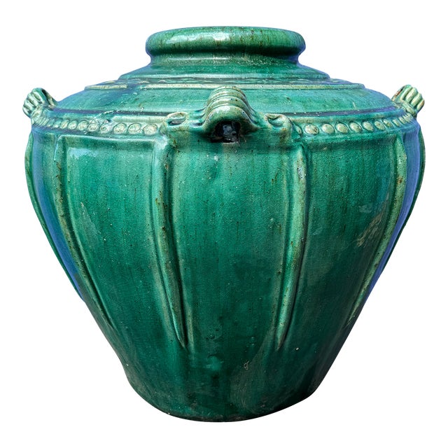 Vintage Large Glazed Green Ceramic Planter For Sale