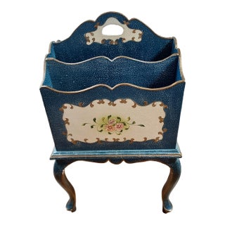 Hand Painted Floral Gilded Wood Magazine Rack Vintage Speckled Finish Handle 26" H 14" W For Sale