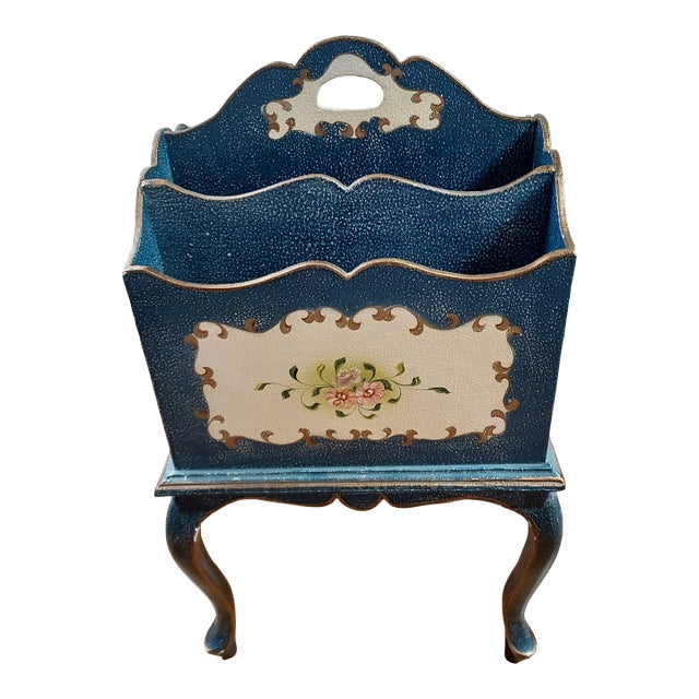 Hand Painted Floral Gilded Wood Magazine Rack Vintage Speckled Finish Handle 26" H 14" W For Sale