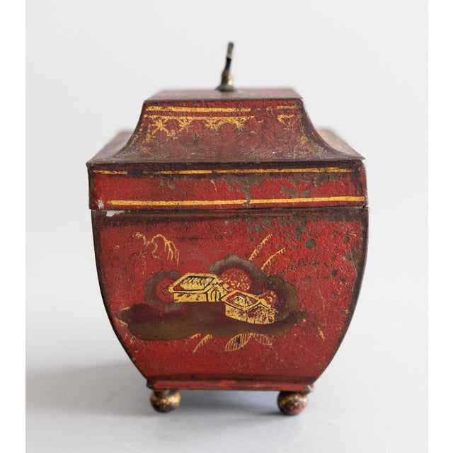 Metal 19th Century French Empire Chinoiserie Red Tole Tea Caddy Sarcophagus Box For Sale - Image 7 of 12