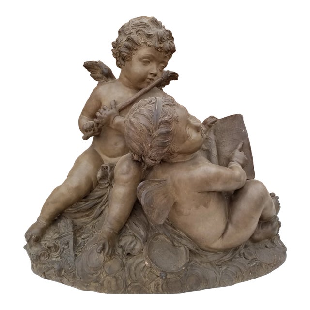 Antique French Terracotta Statue With Cherubs For Sale