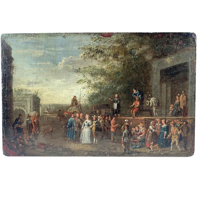 Ancient Flemish painting from the 1600s executed in oil on a copper plate, depicting a landscape view with figures: a...