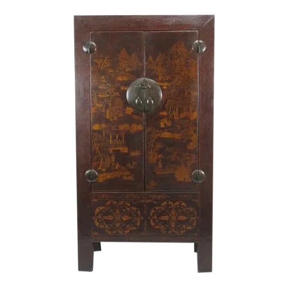 1900 - 1909 Asian Elm Cabinet With Painted Panel Doors For Sale