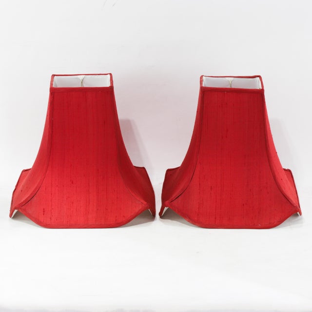 Pair of Vintage Red Textured Raw Silk Bell Lamp Shades With Brass-Toned Lining For Sale - Image 14 of 14