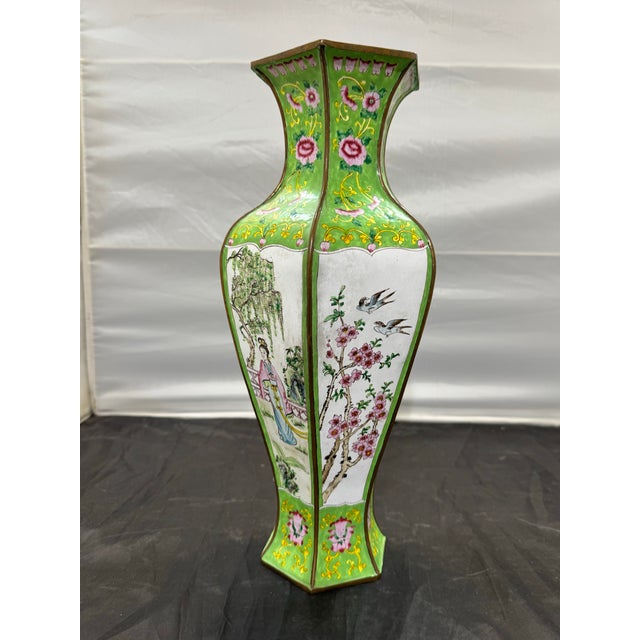 Chinese Antique Chinese Canton Enamel 17” Hexagonal Vase: Court Ladies & Wisteria For Sale - Image 3 of 9